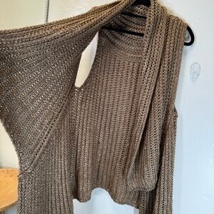 chunky knit open front sweater cardigan vest waterfall collar brown gold large